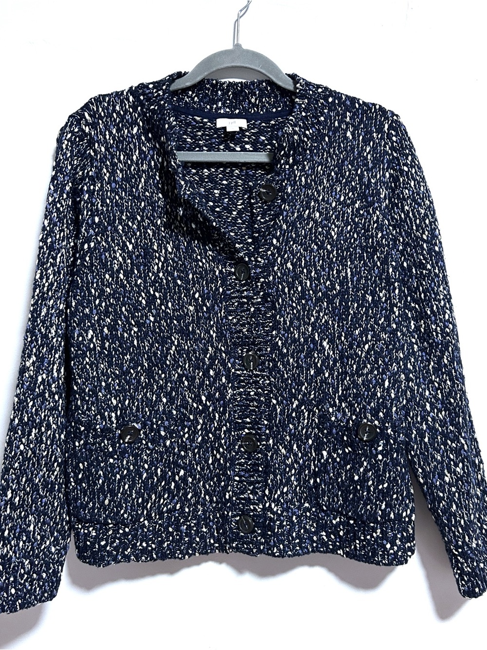 J. Jill Cardigan Sweater Women’s Medium Blue Gold Silver Knit